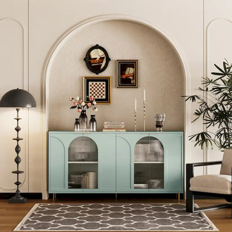 Mint Green Sideboard Buffet Cabinet with 4 Glass Doors