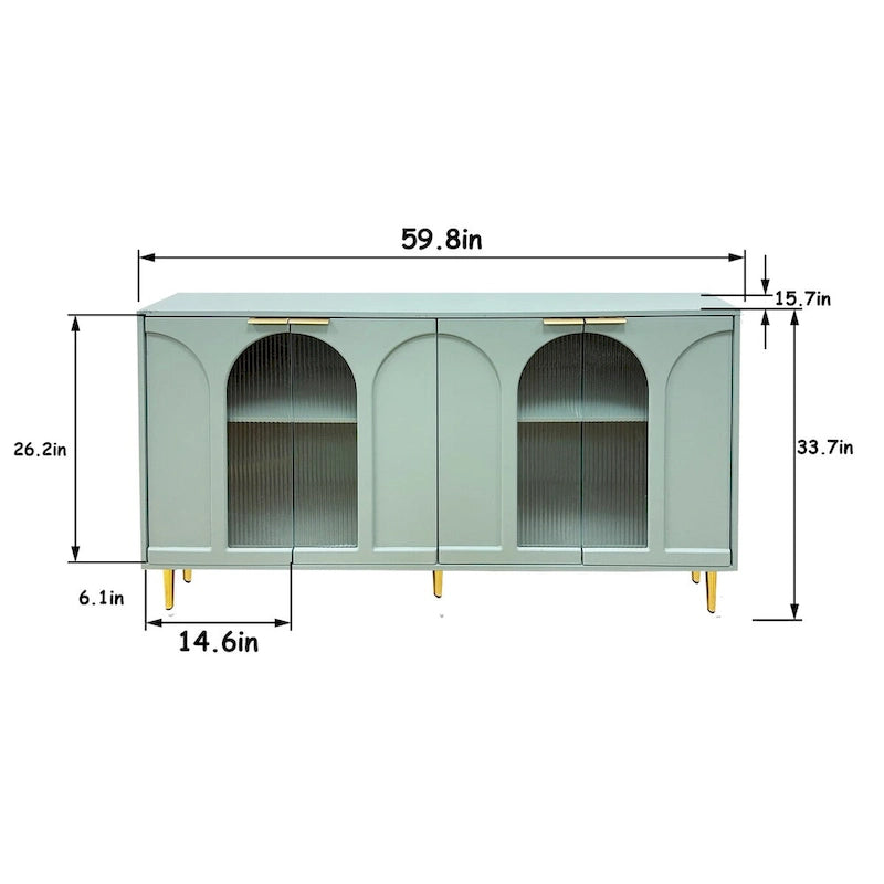 Mint Green Sideboard Buffet Cabinet with 4 Glass Doors