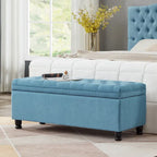Upholstered Storage Bench with Tufted Seat and Wooden Legs - Light Blue