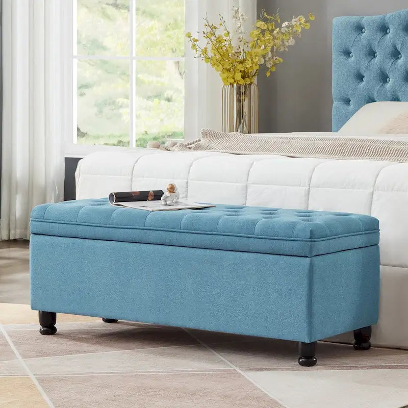 Upholstered Storage Bench with Tufted Seat and Wooden Legs - Light Blue