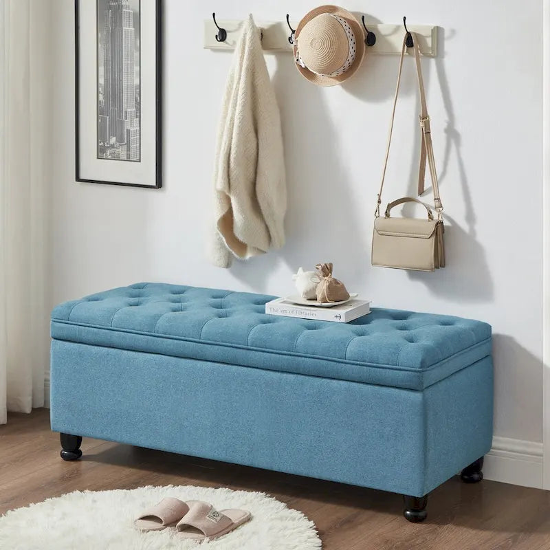 Upholstered Storage Bench with Tufted Seat and Wooden Legs - Light Blue