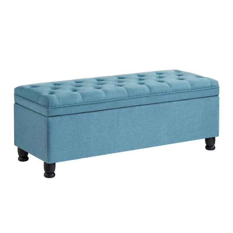 Upholstered Storage Bench with Tufted Seat and Wooden Legs - Light Blue
