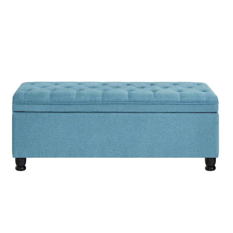 Upholstered Storage Bench with Tufted Seat and Wooden Legs - Light Blue