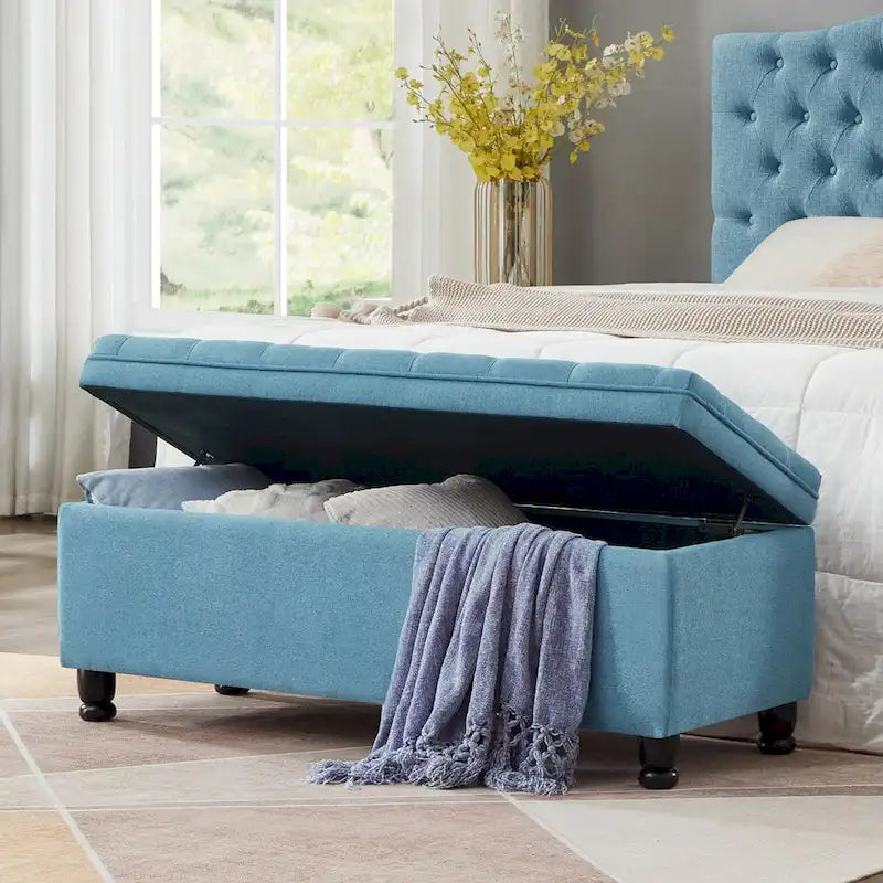 Upholstered Storage Bench with Tufted Seat and Wooden Legs - Light Blue