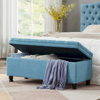 Upholstered Storage Bench with Tufted Seat and Wooden Legs - Light Blue