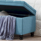 Upholstered Storage Bench with Tufted Seat and Wooden Legs - Light Blue