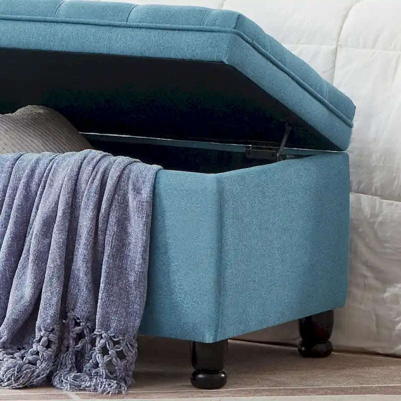 Upholstered Storage Bench with Tufted Seat and Wooden Legs - Light Blue