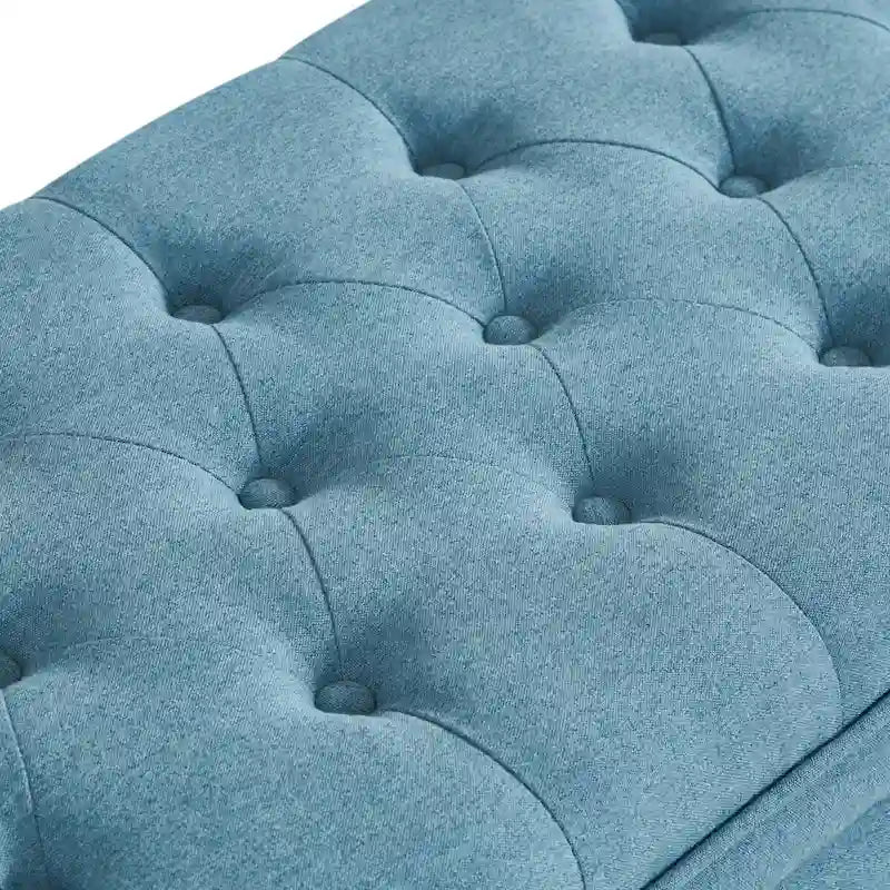 Upholstered Storage Bench with Tufted Seat and Wooden Legs - Light Blue