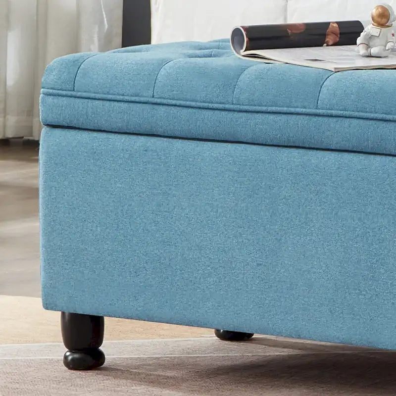 Upholstered Storage Bench with Tufted Seat and Wooden Legs - Light Blue