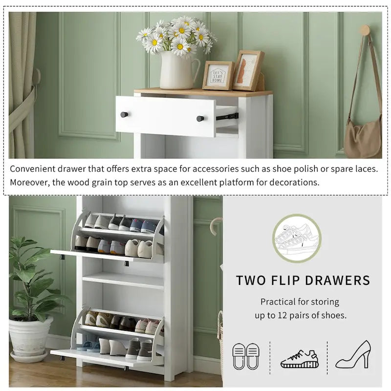 Shoe Cabinet with 2 Flip Drawers and Adjustable Panel