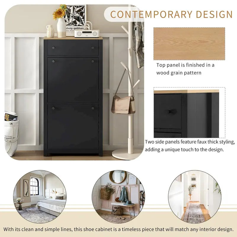 Shoe Cabinet with 2 Flip Drawers and Adjustable Panel