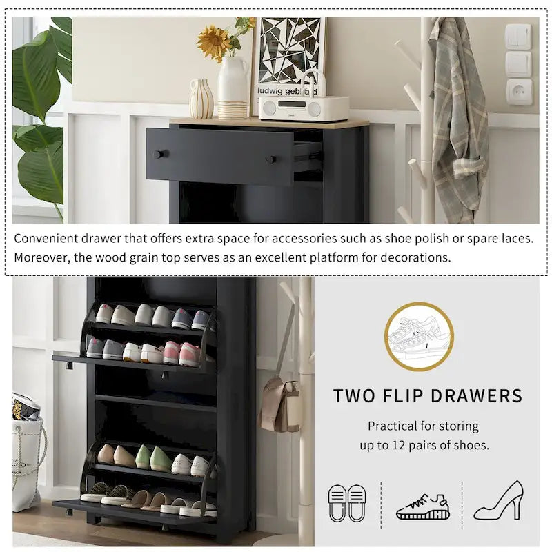 Shoe Cabinet with 2 Flip Drawers and Adjustable Panel
