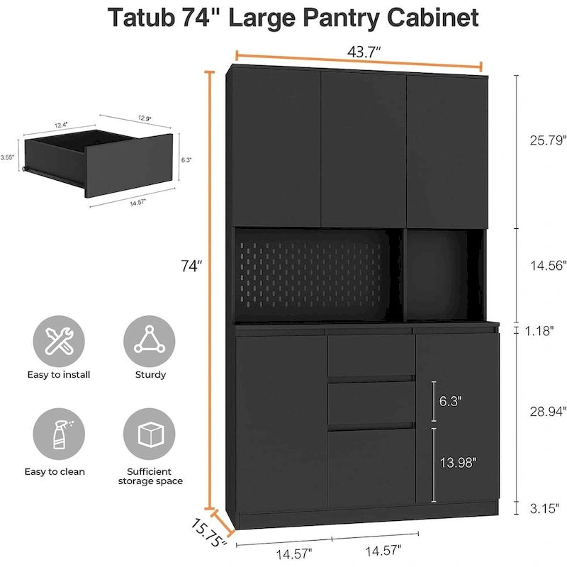 74-Inch Freestanding Kitchen Storage Cabinet with 6 Doors, 3 Shelves and 2 Drawers