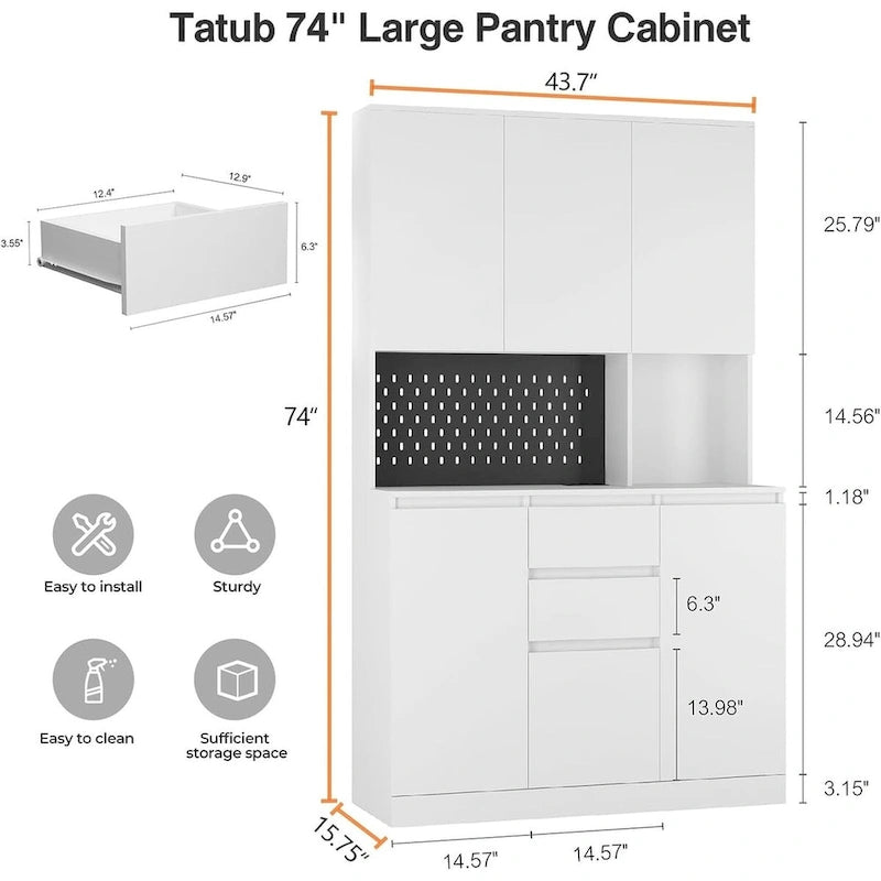 74-Inch Freestanding Kitchen Storage Cabinet with 6 Doors, 3 Shelves and 2 Drawers