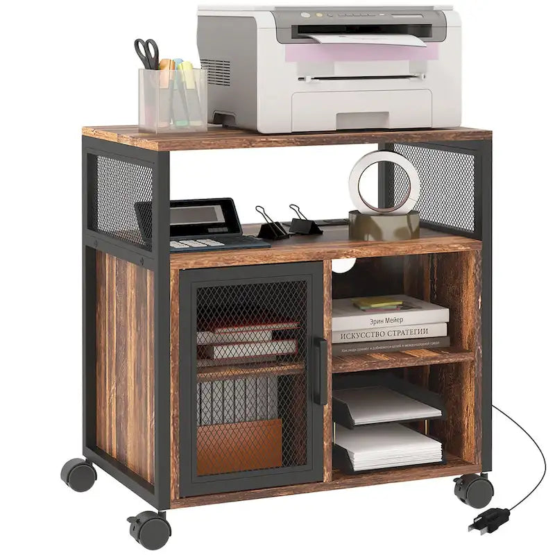 Printer Stand Table with Storage, Mobile File Cabinet with Power Outlets, USB Ports, Cable Hole and Wheels