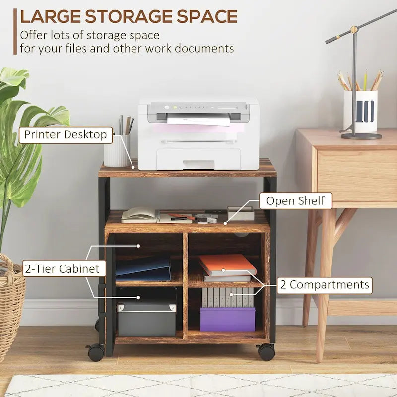 Printer Stand Table with Storage, Mobile File Cabinet with Power Outlets, USB Ports, Cable Hole and Wheels