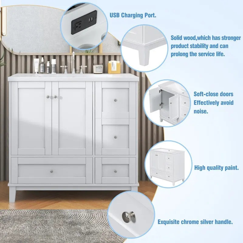 36-Inch Bathroom Vanity Cabinet with USB Charging Port and Resin Sink Top