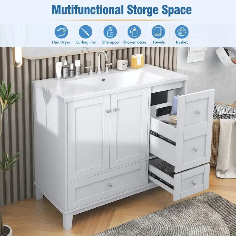 36-Inch Bathroom Vanity Cabinet with USB Charging Port and Resin Sink Top