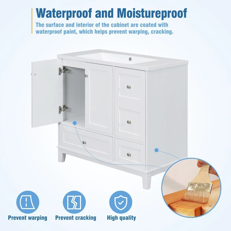 36-Inch Bathroom Vanity Cabinet with USB Charging Port and Resin Sink Top