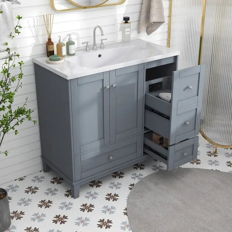 36-Inch Bathroom Vanity Cabinet with USB Charging Port and Resin Sink Top