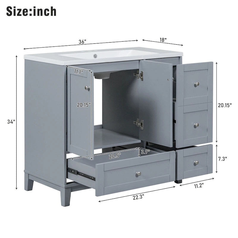 36-Inch Bathroom Vanity Cabinet with USB Charging Port and Resin Sink Top