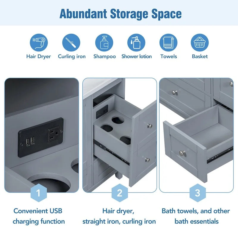 36-Inch Bathroom Vanity Cabinet with USB Charging Port and Resin Sink Top