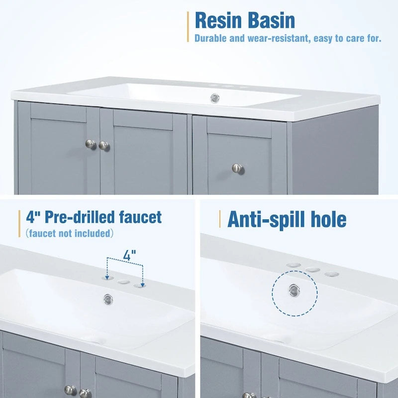 36-Inch Bathroom Vanity Cabinet with USB Charging Port and Resin Sink Top