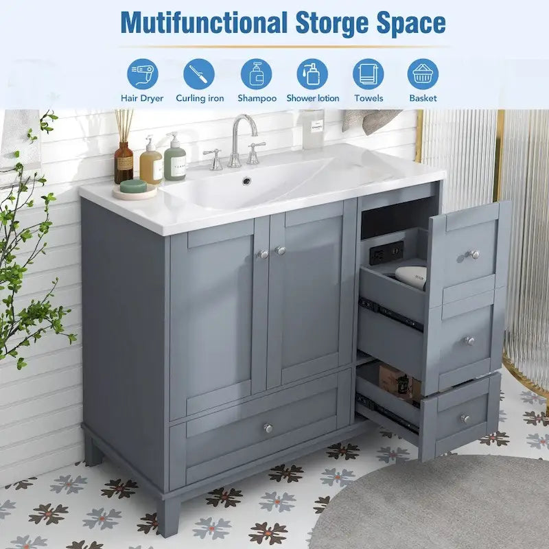 36-Inch Bathroom Vanity Cabinet with USB Charging Port and Resin Sink Top