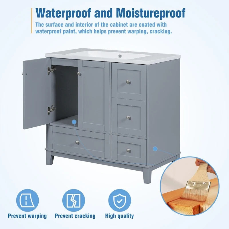 36-Inch Bathroom Vanity Cabinet with USB Charging Port and Resin Sink Top