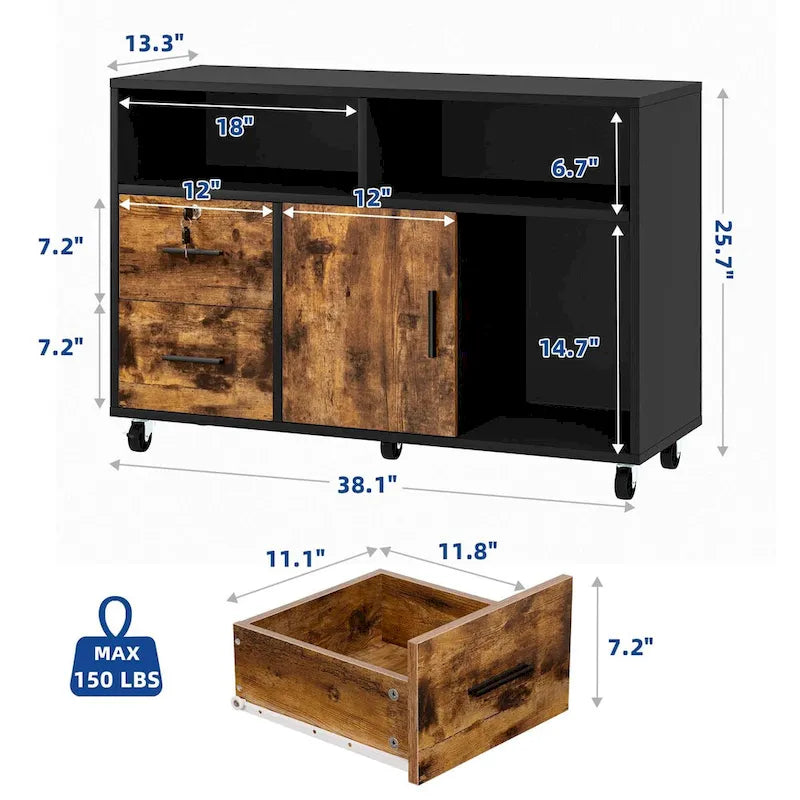 2-Drawer Lateral Filing Cabinet with Lock and Open Shelves