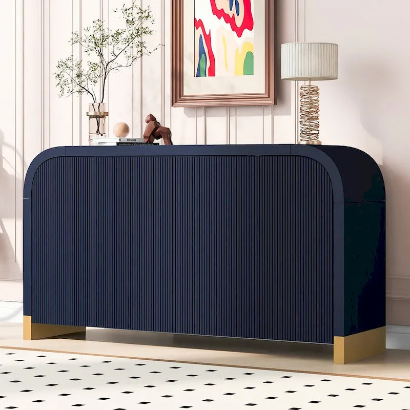 4-Door Curved Corner Cabinet with Wavy Panel Doors