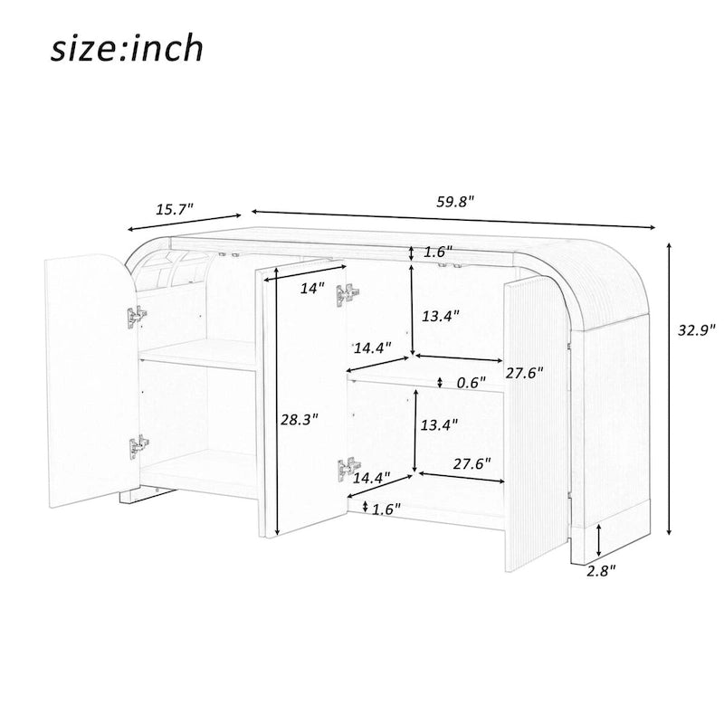 4-Door Curved Corner Cabinet with Wavy Panel Doors