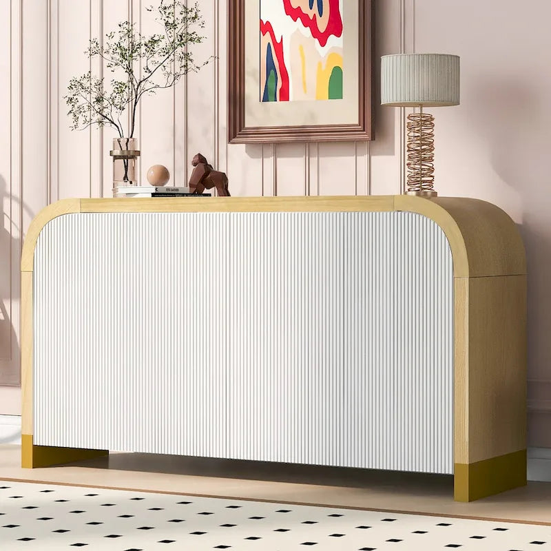 4-Door Curved Corner Cabinet with Wavy Panel Doors