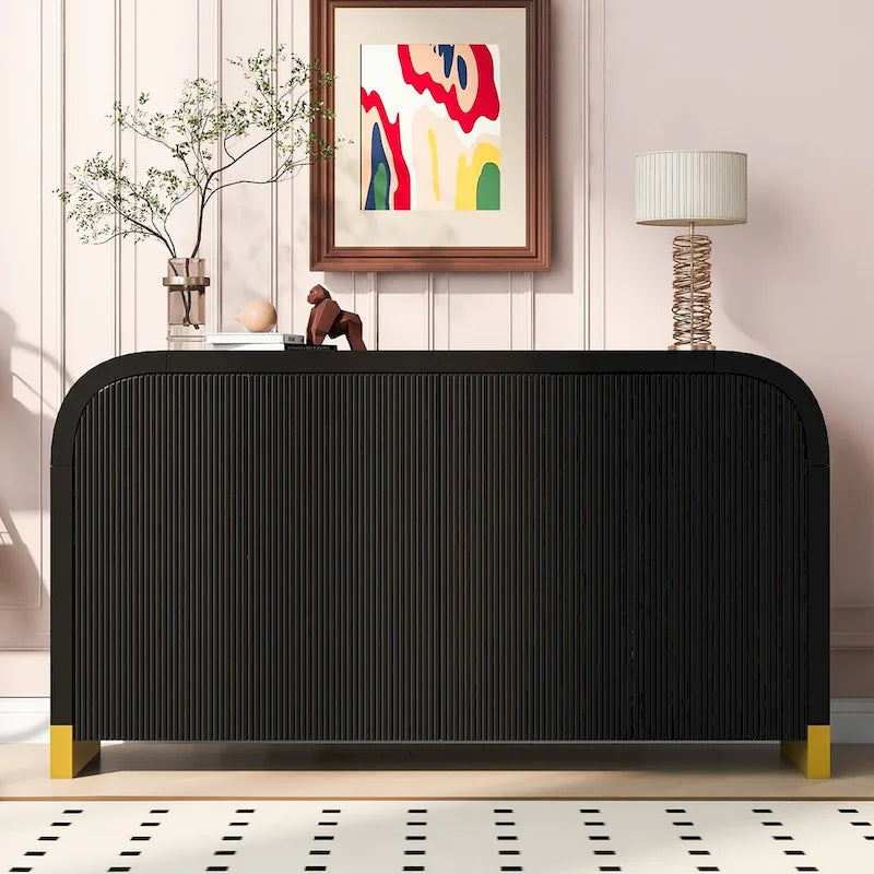 4-Door Curved Corner Cabinet with Wavy Panel Doors