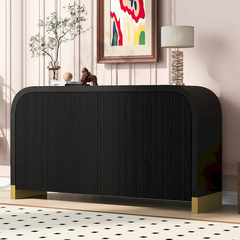 4-Door Curved Corner Cabinet with Wavy Panel Doors